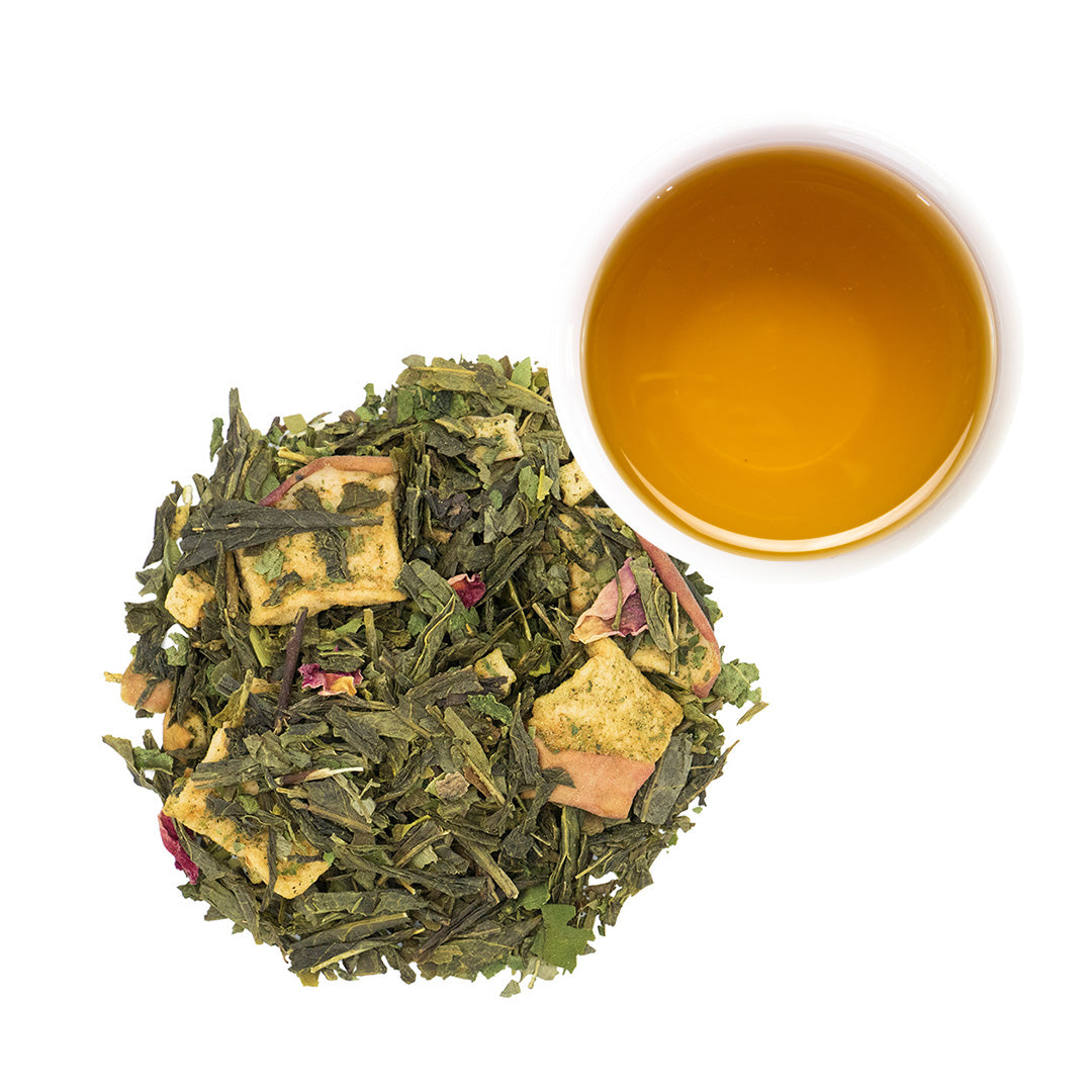 Apple Rancher Green Tea - loose leaf & brewed in cup